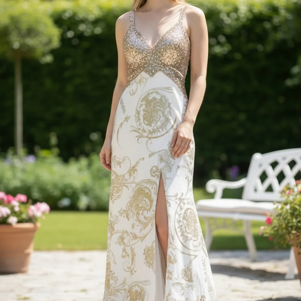 Mac Duggal Couture prom/pageant gown W/a Gold Foil Floral Print & Beaded Bodice